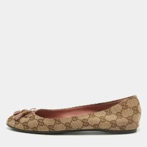 Gucci Brown/Beige GG Canvas Tassel Bow Ballet Flats Size 38.5