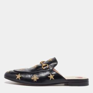 Gucci Black Leather Star and Bee Embroidered Princetown Mules Size 38.5