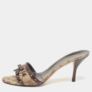 Gucci Brown/Beige GG Canvas Horsebit Bow Slide Sandals Size 38
