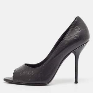 Gucci Black Guccissima Leather Open Toe Pumps Size 38