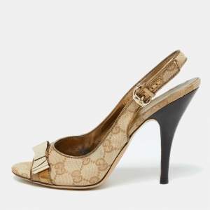 Gucci Beige/Gold GG Canvas and Leather Slingback Sandals Size 38