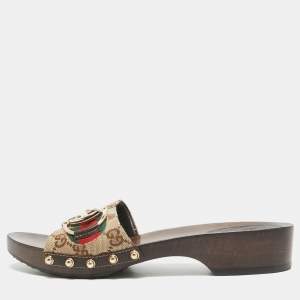 Gucci Brown Canvas and Leather Web Slide Sandals Size 37.5