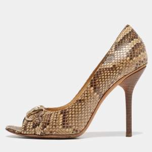 Pre Owned Gucci Brown/Beige Snakeskin Horsebit Open Toe Pumps Size 40