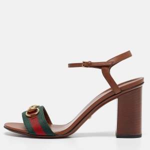 Pre Owned Gucci Brown Leather and Web Canvas Horsebit Ankle Strap Sandals Size 38.5