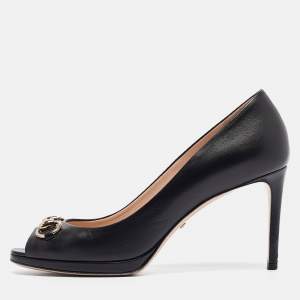 Gucci Black Leather Open Toe Platform Pumps Size 38.5