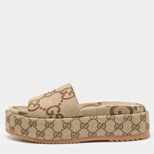 Gucci Beige GG Canvas Platform Flat Sandals Size 38