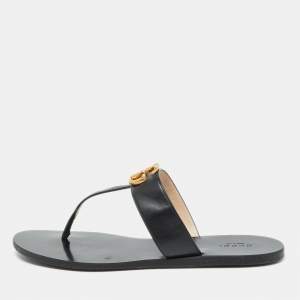 Pre Owned Gucci Black Leather GG Thong Flat Sandals Size 40