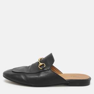 Gucci Black Leather Princetown Horsebit Mules Size 38.5