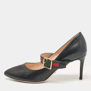 مملوكة مسبقًا Gucci Black Leather Sylvie Mary Jane Pumps Size 37