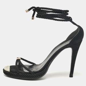 Gucci Black Suede and Woven Fabric Ankle Strap Sandals Size 41