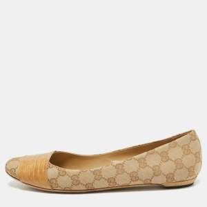 Gucci Beige/Brown GG Canvas and Embossed Lizard Ballet Flats Size 41