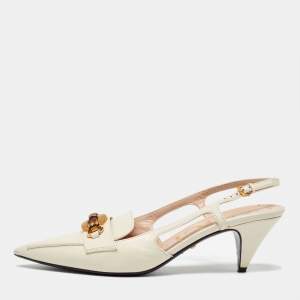 Gucci Off White Leather Horsebit Bamboo Slingback Mule Sandals Size 38.5