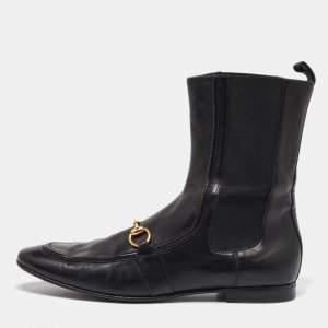 Gucci Black Leather and Elastic Horsebit Ankle Boots Size 41