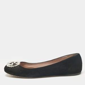 Pre Owned Gucci Black Suede Crystal Embellished Interlocking G Ballet Flats Size 39