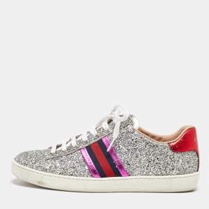 Gucci Tri Color Glitter and Leather Ace Web Low Top Sneakers Size 38