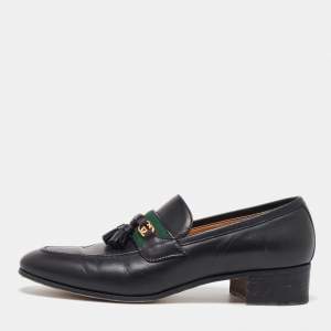 Gucci Black Leather Web GG Detailed Tassel Loafers Size 39