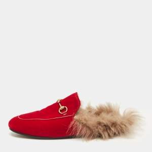 Gucci Red Fur and Velvet Princetown Horsebit Flat Mules Size 38.5