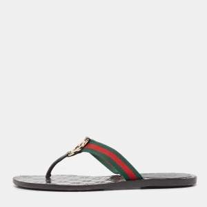 Gucci Black Canvas Web Flat Sandals Size 38.5