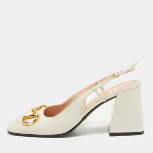 Pre Owned Gucci Cream Leather Horsebit Slingback Pumps Size 40