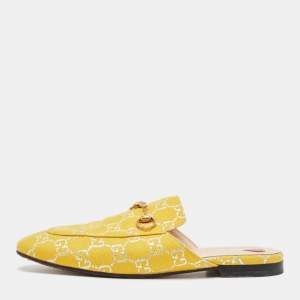Pre Owned Gucci Yellow GG Fabric Princetown Flat Mules Size 39.5