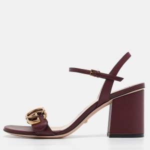 Pre Owned Gucci Burgundy Leather GG Marmont Ankle Strap Sandals Size 35.5