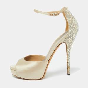 Gucci Beige Satin Crystal Embellished Ankle Strap Peep Toe Platform Sandals Size 39