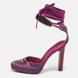 Gucci Purple Velvet and Mink Fur Ankle Tie Pumps Size 37