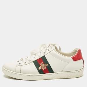 Pre Owned Gucci White Leather Embroidered Bee Ace Sneakers Size 36.5