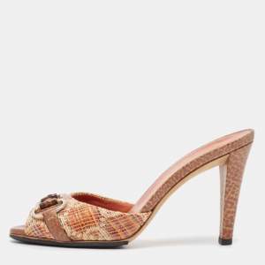 Gucci Brown/Beige Leather and Raffia Slide Sandals Size 37