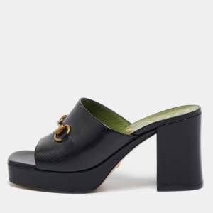 Gucci Black Leather Horsebit Slide Sandals Size 38