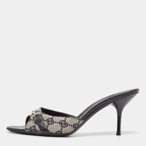 Gucci Black/Grey GG Canvas and Leather Horsebit Slide Sandals Size 37.5