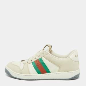 Gucci Beige Leather and Fabric Screener Low Top Sneakers Size 39