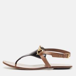 Gucci Black/Brown Patent and Leather Horsebit Thong Flat Sandals Size 38.5
