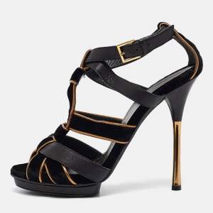 Gucci Black/Gold Leather and Suede Malika Ankle Strap Sandals Size 38