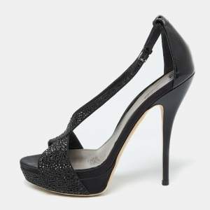 Gucci Black Satin and Patent Leather Crystal Embellished Platform Sandals Size 39