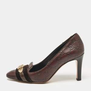 Gucci Dark Brown Guccissima Leather and Velvet Metal Buckle Pumps Size 38