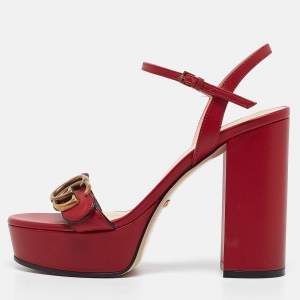 Pre Owned Gucci Red Leather GG Marmont Ankle Strap Sandals Size 36