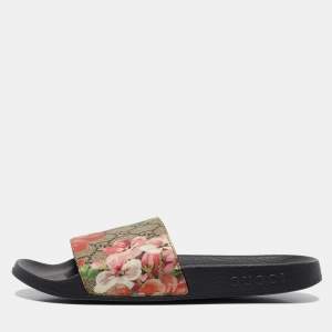 Gucci Pink/Black GG Bloom Supreme Canvas Slide Flats Size 35