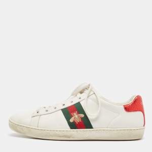 Gucci White Leather Embroidered Bee Ace Sneakers Size 39.5