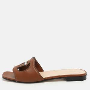 Gucci Brown Leather Interlocking G Flat Slides Size 37.5