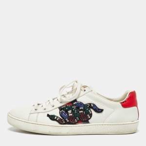 Gucci White Leather Snake Crystal Embellished Ace Low Top Sneakers Size 38.5