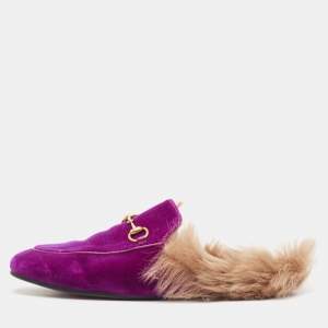 Gucci Purple Fur and Velvet Princetown Mules Size 38