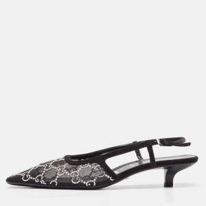 مملوكة مسبقًا Gucci Black Suede and Mesh Crystal Embellished Slingback Pumps Size 37