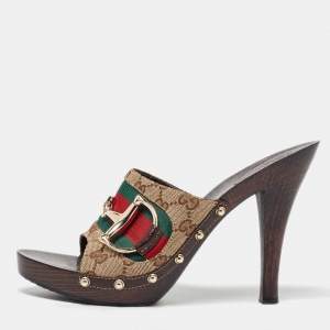 Gucci Beige/Brown GG Canvas and Leather Web Horsebit Wooden Platform Sandals Size 41