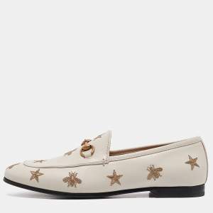 Gucci White Bee & Star Embroidered Leather Jordaan Loafers Size 38