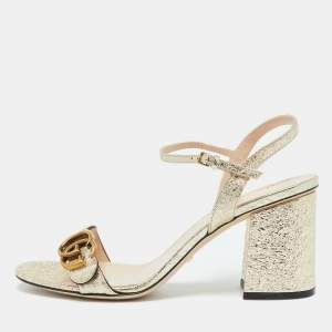 Gucci Gold Crinkled Leather GG Marmont Ankle Strap Sandals Size 40