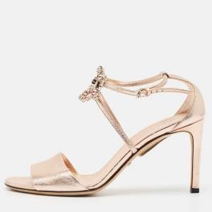 Gucci Metallic Rose Gold Leather Crystal Embellished GG Logo Ankle Strap Sandals Size 38