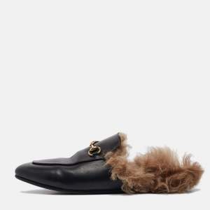 Gucci Black Leather and Fur Horsebit Princetown Flat Mules Size 38