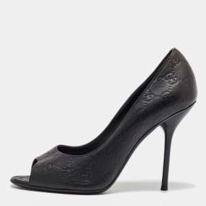 Gucci Black Guccissima Leather Open Toe Pumps Size 38