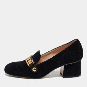 Gucci Black GG Velvet Sylvie Web Loafer Pumps Size 37